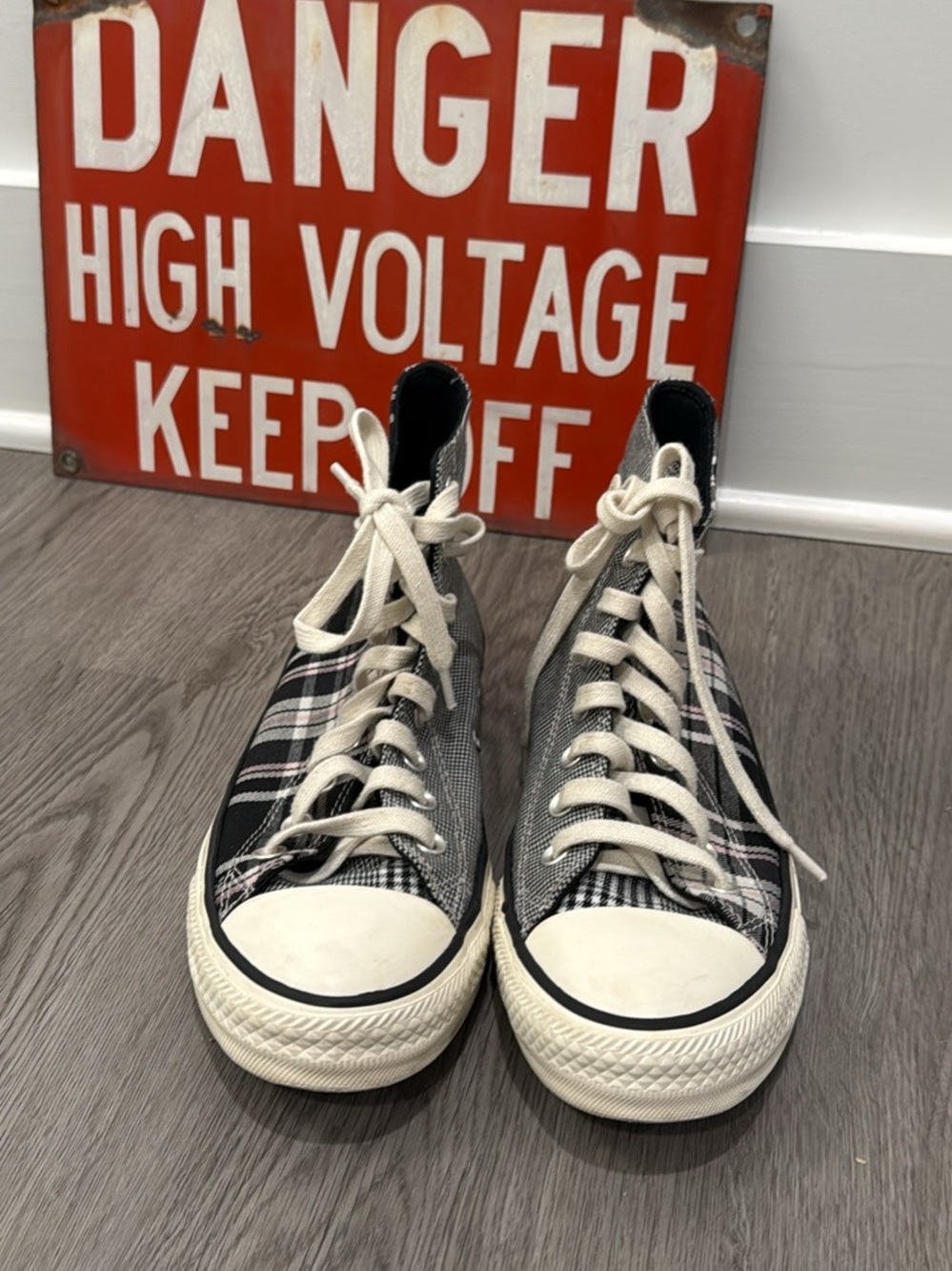 Converse Plaid & Houndstooth High Top Sneakers - Black, White, Pink - Picture 2 of 9